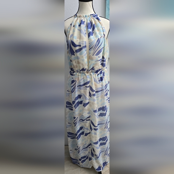 Japna NWOT Elegant Blue and Cream Halter Maxi Dress (Front/back Reversible) - Picture 1 of 4